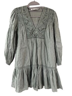 Light Sage Green Eyelet Midi Peasant Dress - Size XS